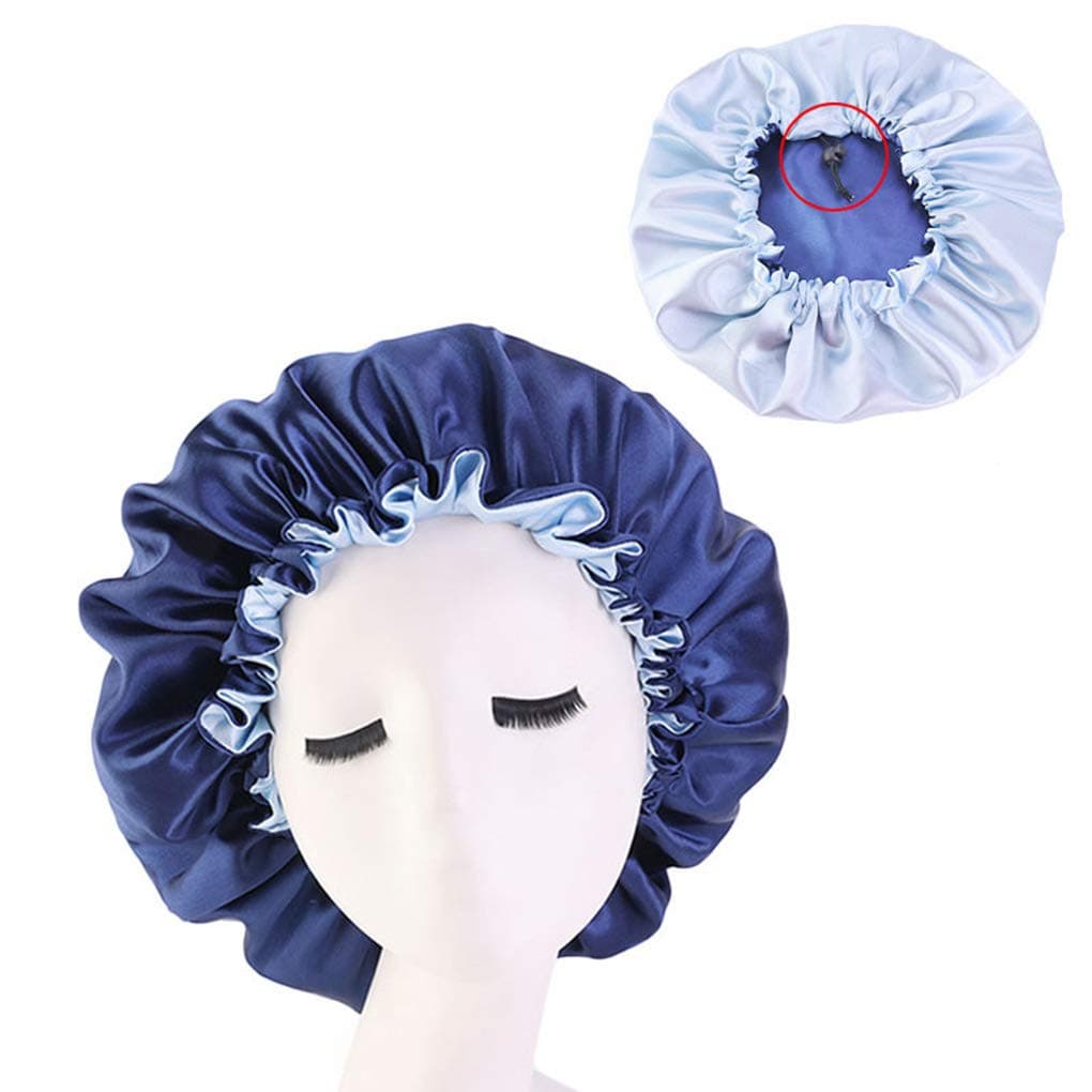 Adjustable Satin Bonnet Cap Night Sleep Hat Beauty Salon Comfortable Sleeping Bonnet for Curly hair,Navy+Light Blue