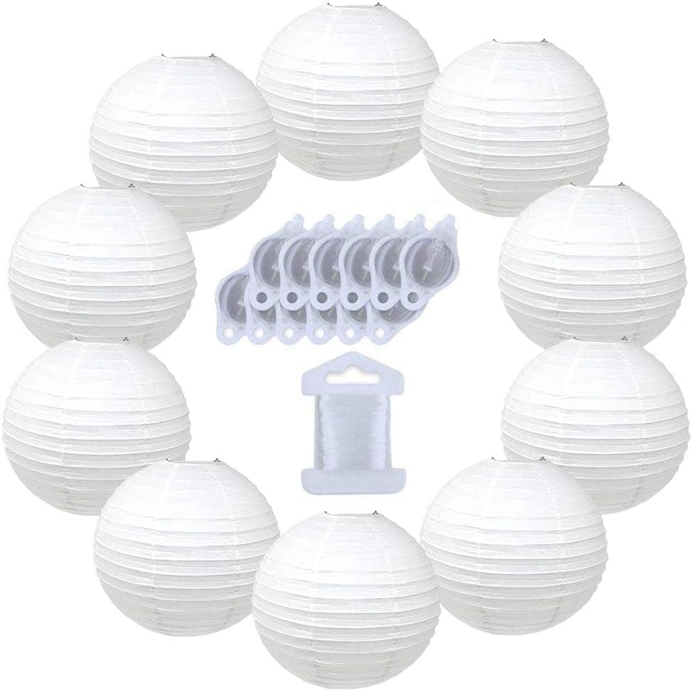 Just Artifacts 12inch Decorative Round Chinese Paper Lanterns 10pcs w/ 12pc LED Lights and Clear String (Color: White)