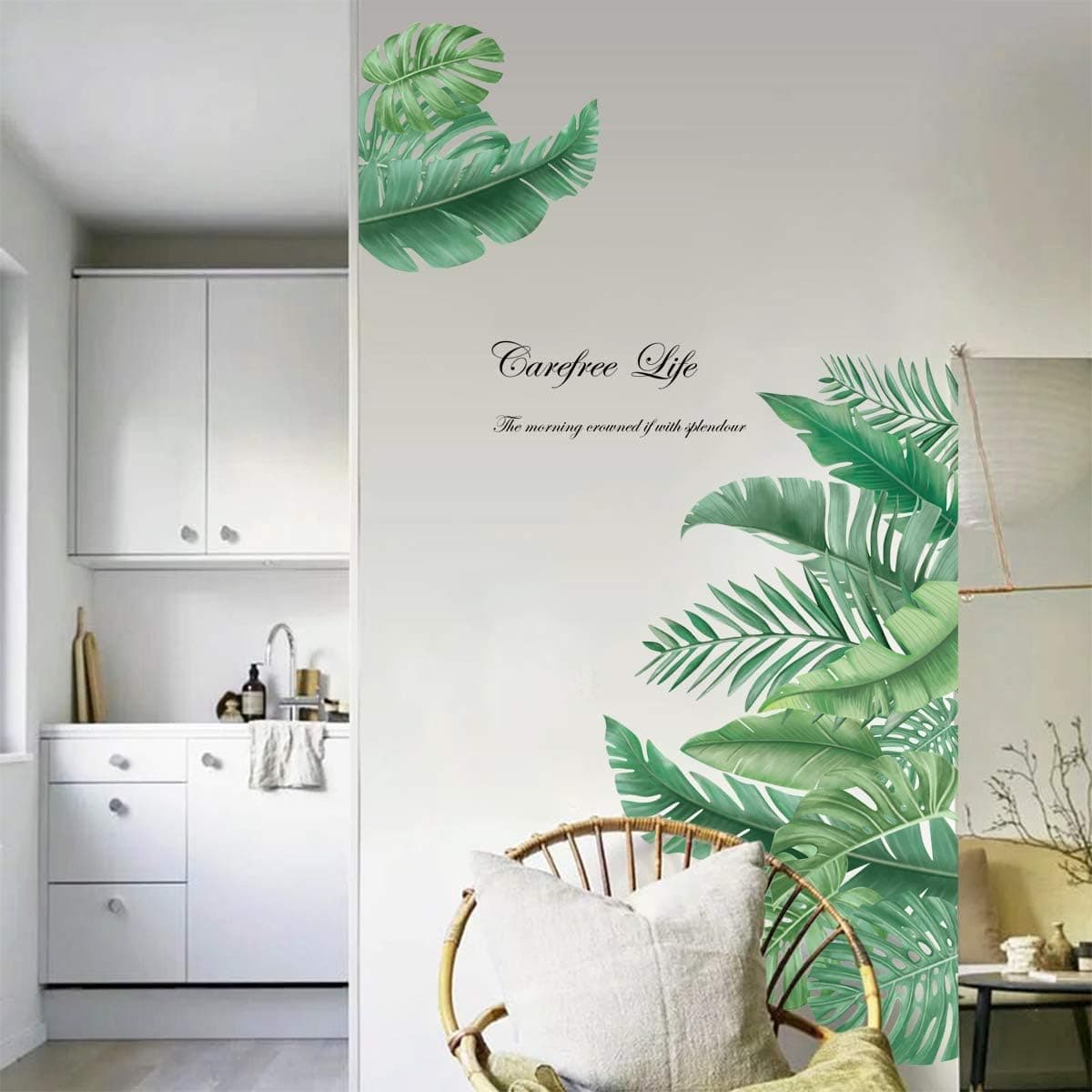 decalmile Green Leaves Wall Decals Palm Tree Leaf Plants Wall Stickers Bedroom Living Room TV Wall Door Decor (W: 45 Inches)