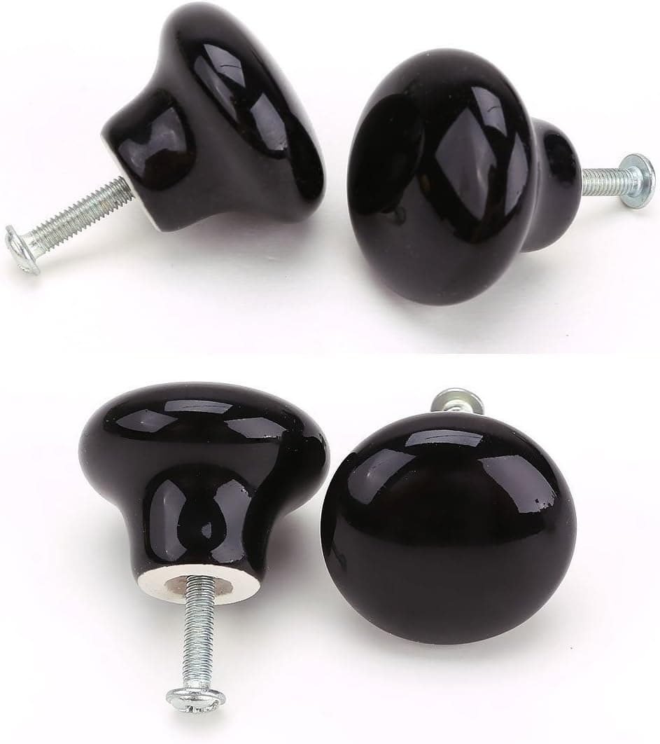 FatColo(TM) Ceramic Porcelain China Vintage Round Style Bedroom Door Cabinet Cupboard Drawer Knob Pull Handle (Button Shape / Black / Pack of 6)