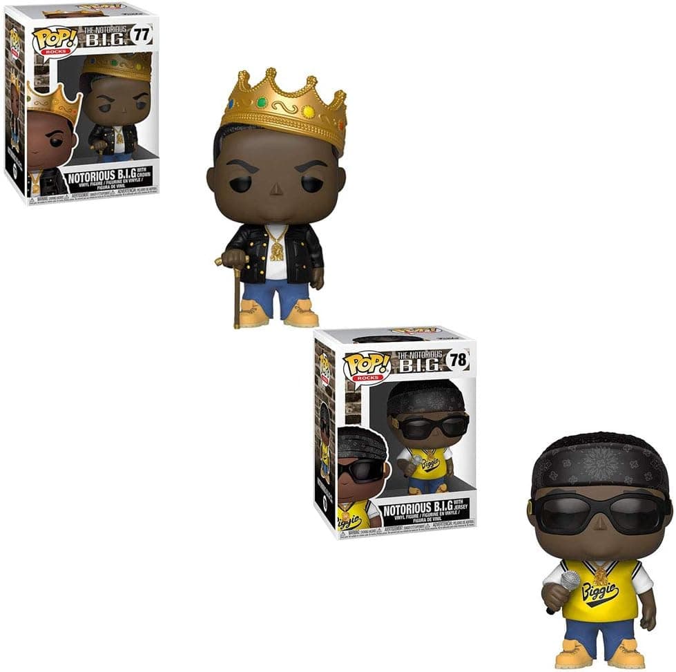 Funko POP! Rocks: Notorious B.I.G. Wearing Gold Crown and Notorious B.I.G. Wearing Biggie Jersey and Sunglasses Toy Action Figures - 2 POP Bundle