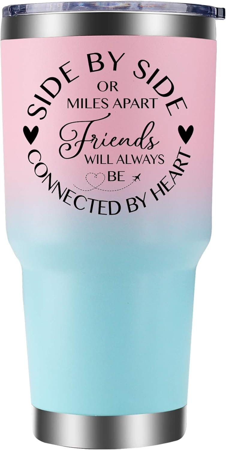 Friend Tumbler Gift 30oz. Side By Side or Miles Apart Friends Will Always Be Connected By Heart. Heartfelt Gift for Friends Separated By Long Distance by Cahermore Collections.