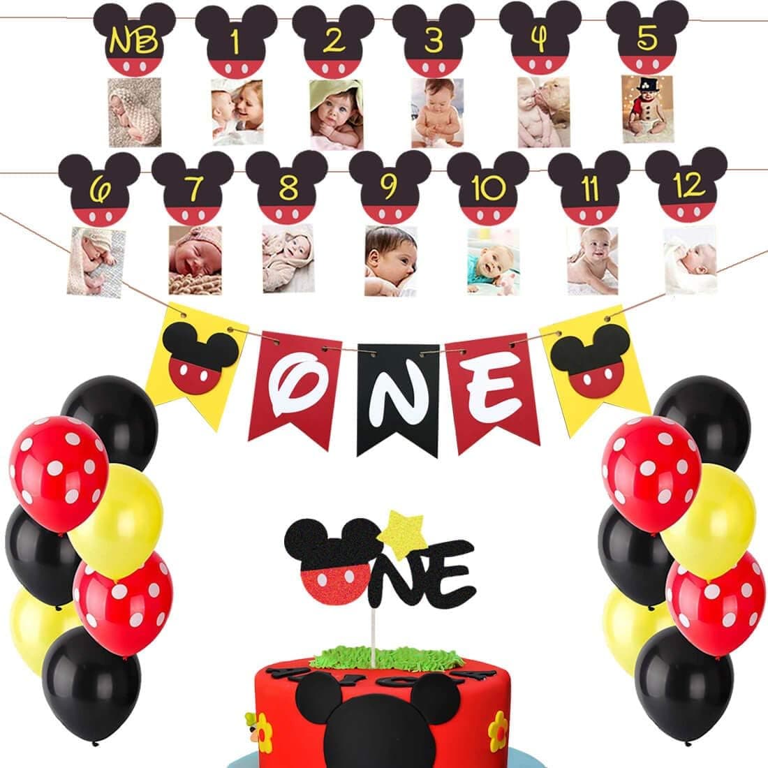 HEETON Mouse First Birthday Set Mickey 1St Birthday Cake Topper Balloons Party Decorations High Chair Banner Mickey Theme Baby Boy Photo Booth Props