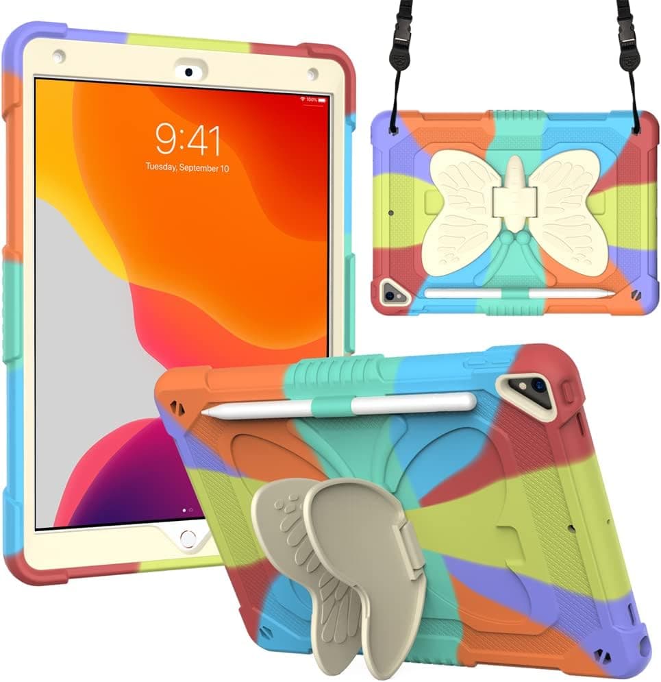 Case for iPad 9/8/7 (10.2 inch Model 2021/2020/2019 9th/8th/7th Generation),with Butterfly Wings Kickstand for Kids Silicone Shockproof Protective,Colorful/Red