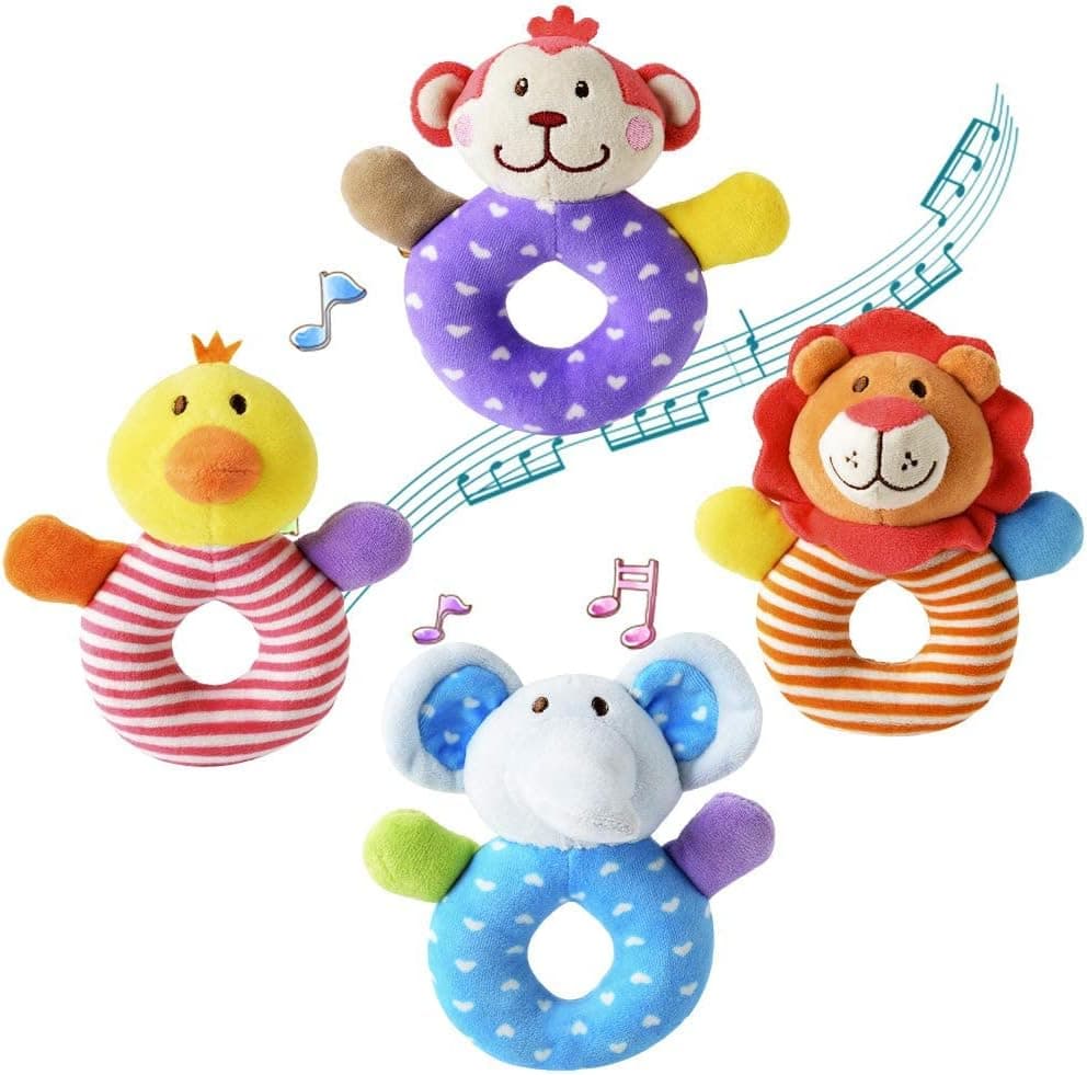 Daisy Baby Rattle Toy Hand Bells Soft Ring Rattle Plush Stuffed Animal Hand Grasp Rattle Handle Developmental Toys for Babies - 4PCS of Elephant Monkey Lion Chick
