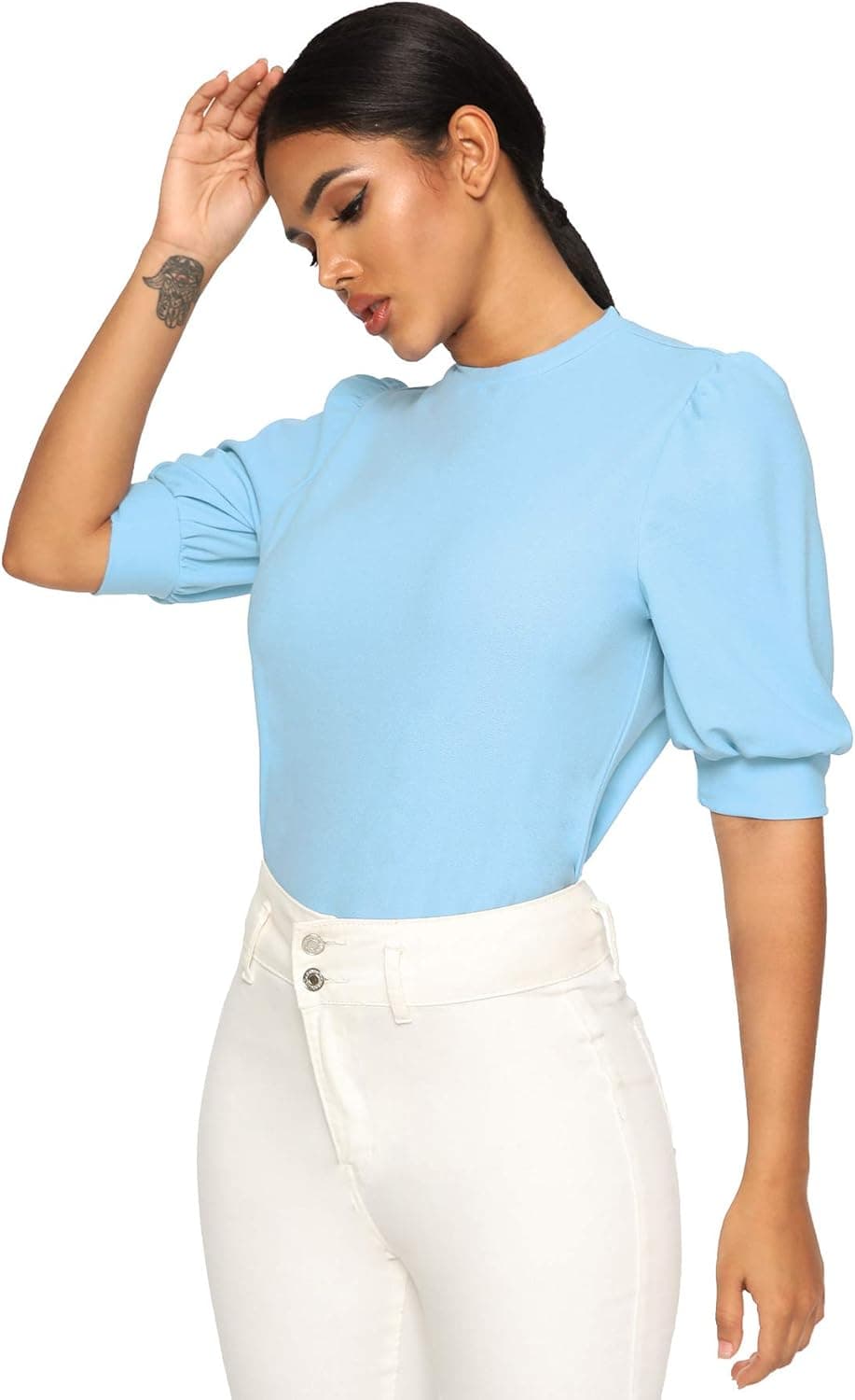 SheIn Women's Puff Sleeve Casual Solid Top Pullover Keyhole Back Blouse