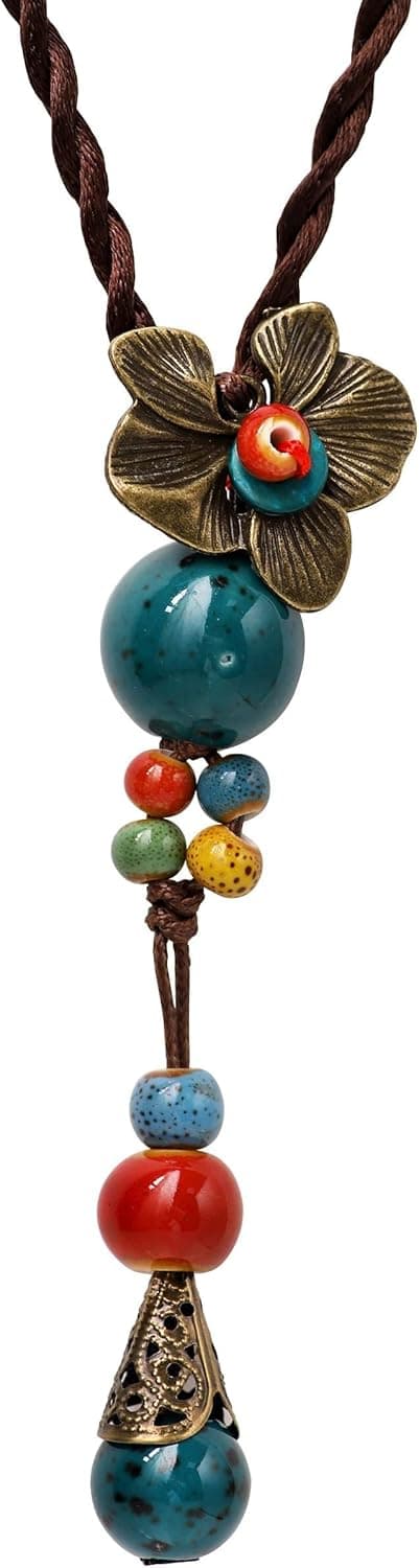 MINACHI Bohemian Flower Colorful Ceramic Beads Necklace, Tricolor Beaded Jewelry, Gifts for Women and Girls