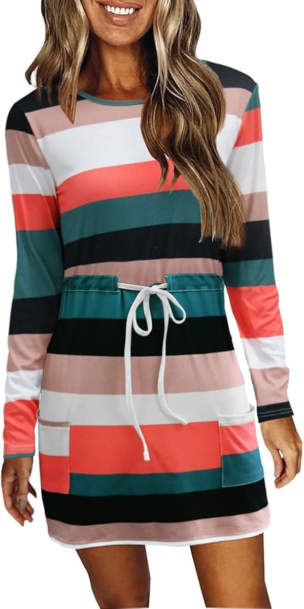 Qumee Women's Long Sleeve Dress Casual T Shirt Dresses Swing Midi Dress with Pockets