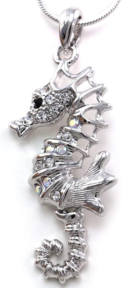 Soulbreezecollection Seahorse Animal Sea Creature Pendant Necklace Clear Rhinestone Sea Horse Teens Women Jewelry