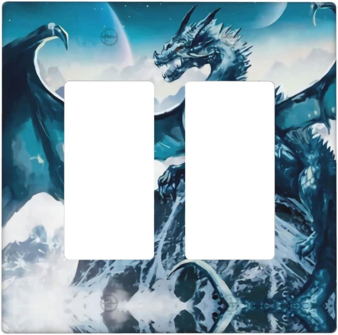 Blue Ice Dragon Light Switch Covers Decorative 2 Gang Double Rocker Receptacle Outlet-Light Switch Plates Size 4.50" X 4.57"Inch