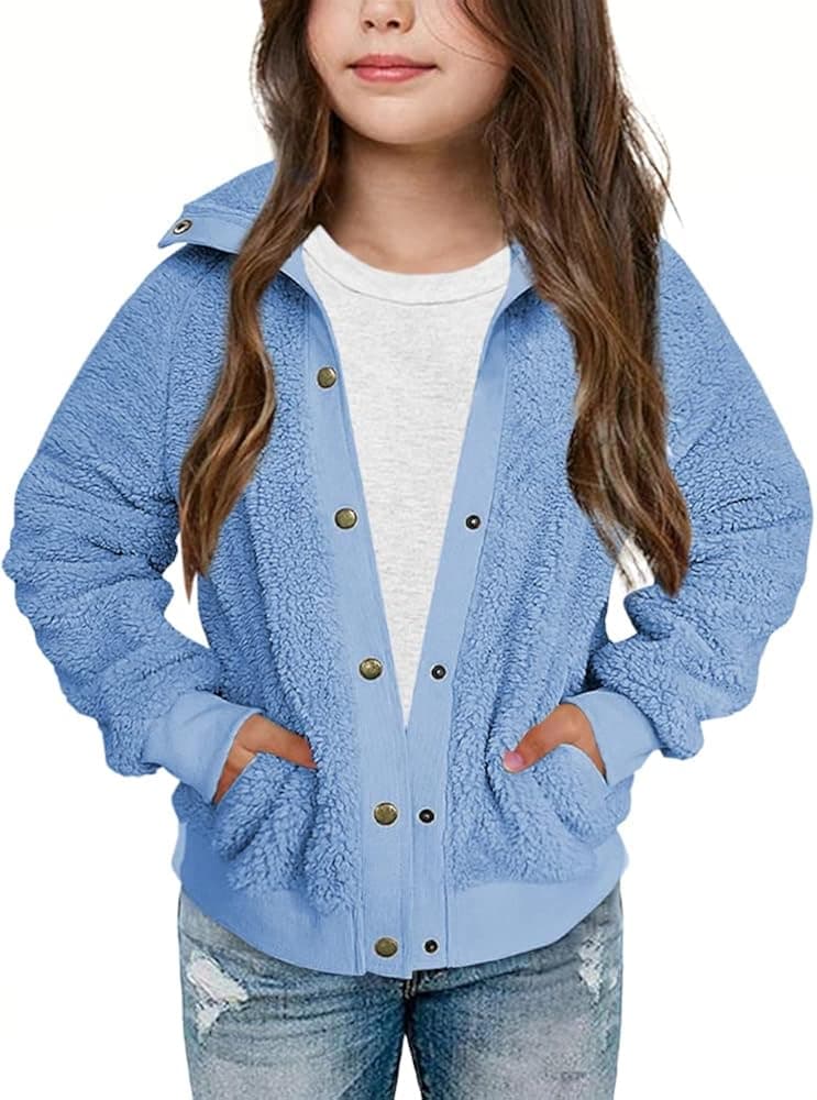 Girls Fleece Jacket Winter Long Sleeve Button Up Chunky Sherpa Outerwear Coat