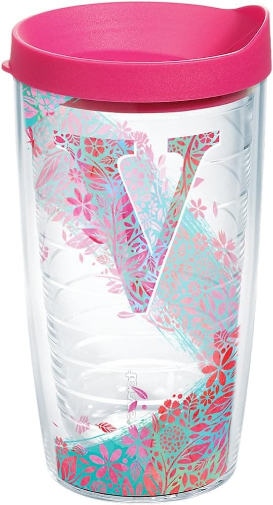 Tervis INITIAL-V Botanical Insulated Tumbler with Wrap and Fuschia Lid, 16oz, Clear
