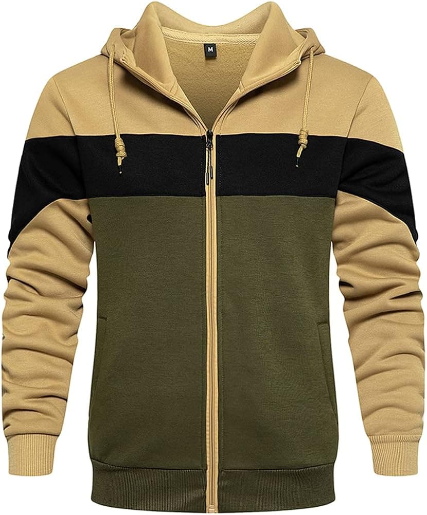 DUOFIER Men's Hoodies Zip Front Sweatshirt Color Blocking Hooded