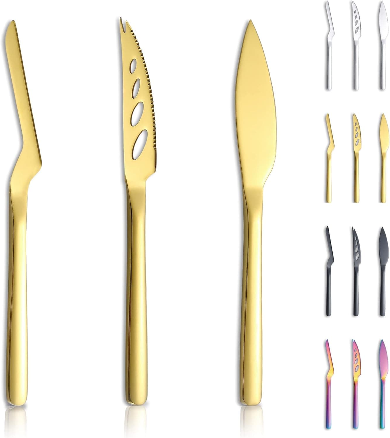 Kyraton Gold Cheese Knife Set of 3, Ergonomic Design Titanium Golden Plated Cheese Slicer, Butter Knife Spreader, Cheese Cutter, Cheese Knives for All Type of Cheese