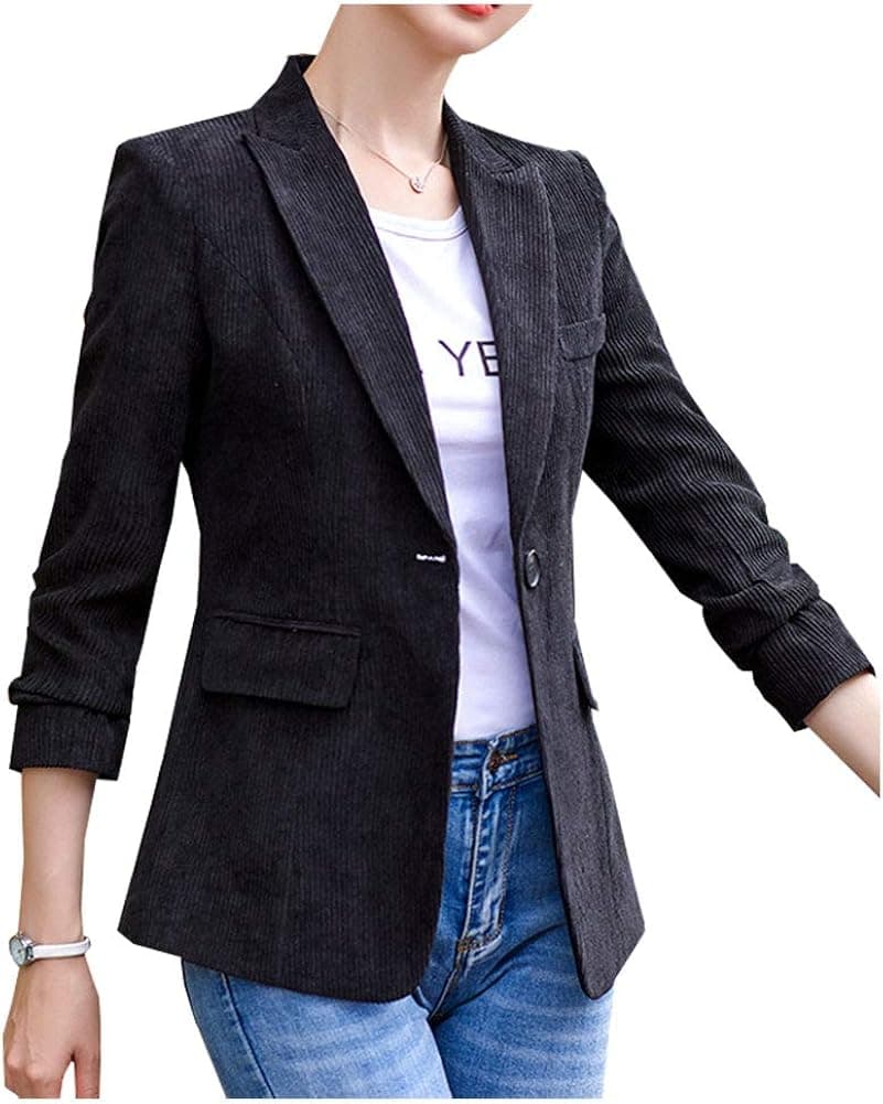 Ladyful Women's Slim Fit Corduroy Blazer Coat Button Down Long Sleeve Work Office Outerwear