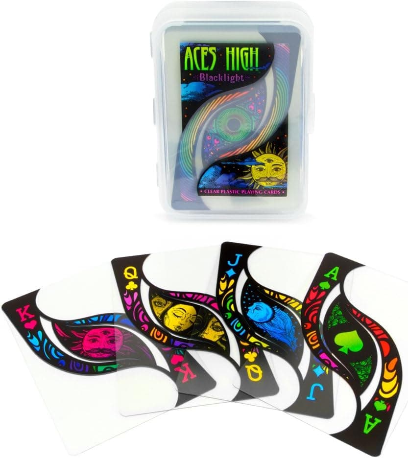 Brybelly Aces High - Clear Plastic Playing Cards Themed with Blacklight Celestial Artwork in a Clamshell Case - Standard Index, Thick Waterproof Playing Cards with 2 Jokers - 3.5 x 2.5-54 Card Deck