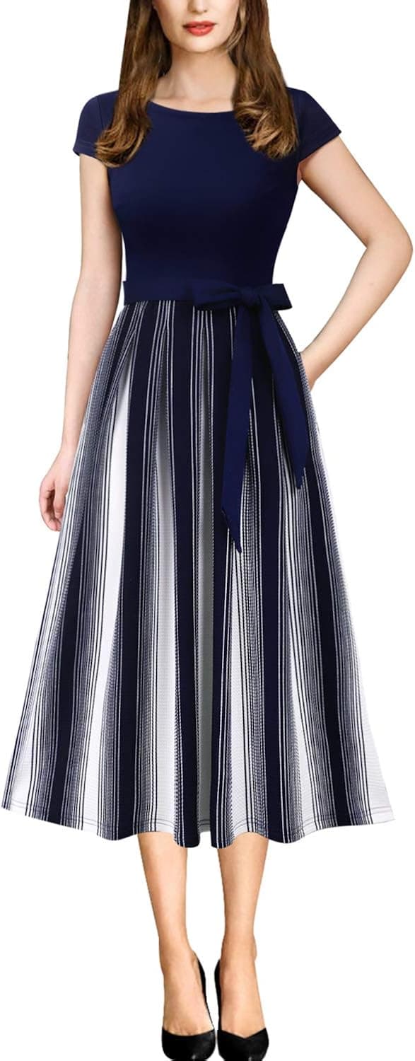 Vfshow Womens Elegant Patchwork Pockets Print Work Casual A-Line Midi Dress