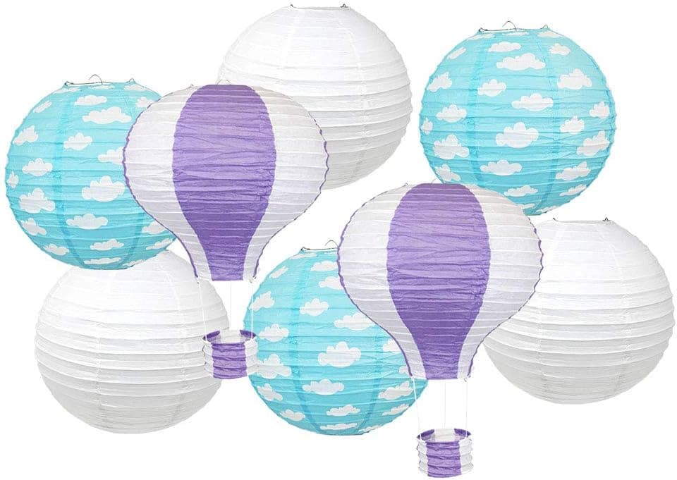 Just Artifacts Decorative Hot Air Balloon Hanging Paper Lanterns with Clouds (8pcs, Petunia Purple)