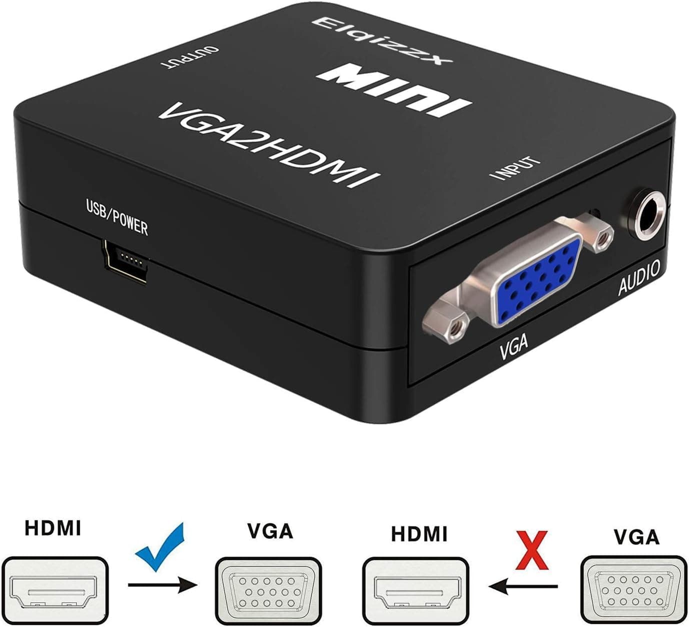 VGA to HDMI, Elqizzx Full HD 1080P Mini VGA to HDMI Audio Video Converter Adapter with USB Cable and 3.5mm Audio Jack for Graphics Card/Laptop/PC to HDTV,Monitor,Projector with HDMI Port