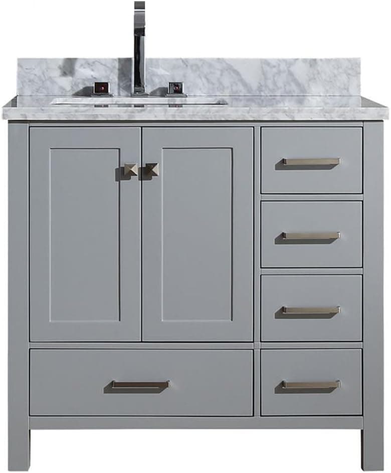 ARIEL Cambridge A037SLCWRVOGRY 37" Inch Single Left Offset Rectangular Sink Solid Wood Grey Bathroom Vanity Cabinet with 1.5" Inch Edge White Carrara Marble Countertop and Backsplash