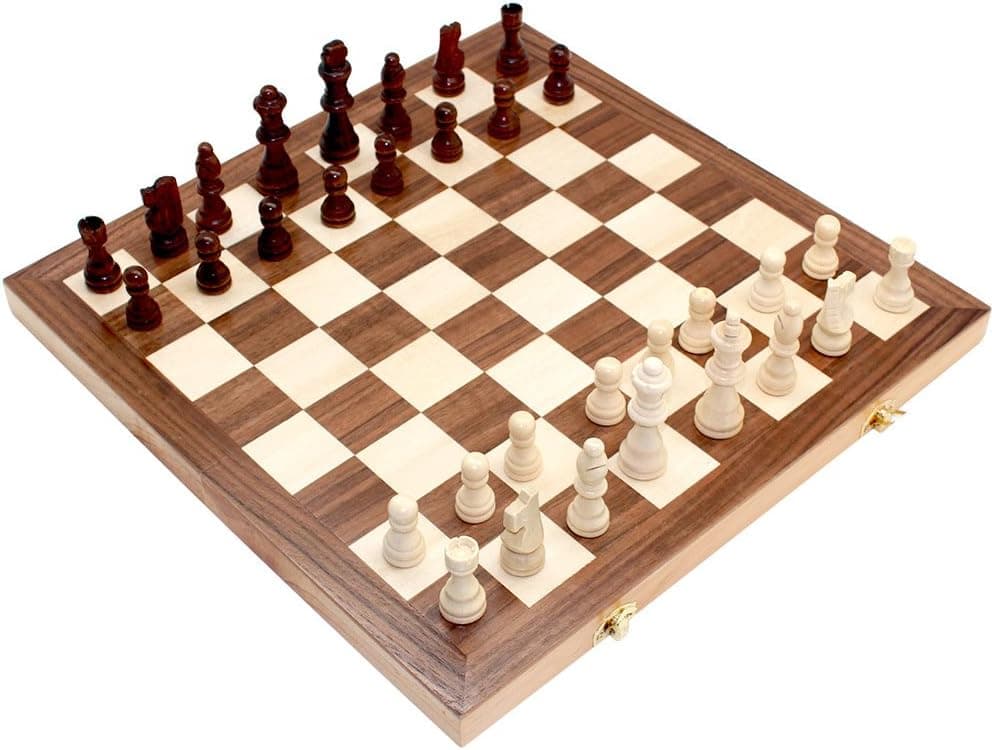 Fun Sports 15" x 15" Classic Folding Wooden Chess Set with Felted Board Interior for Storage Model 8785