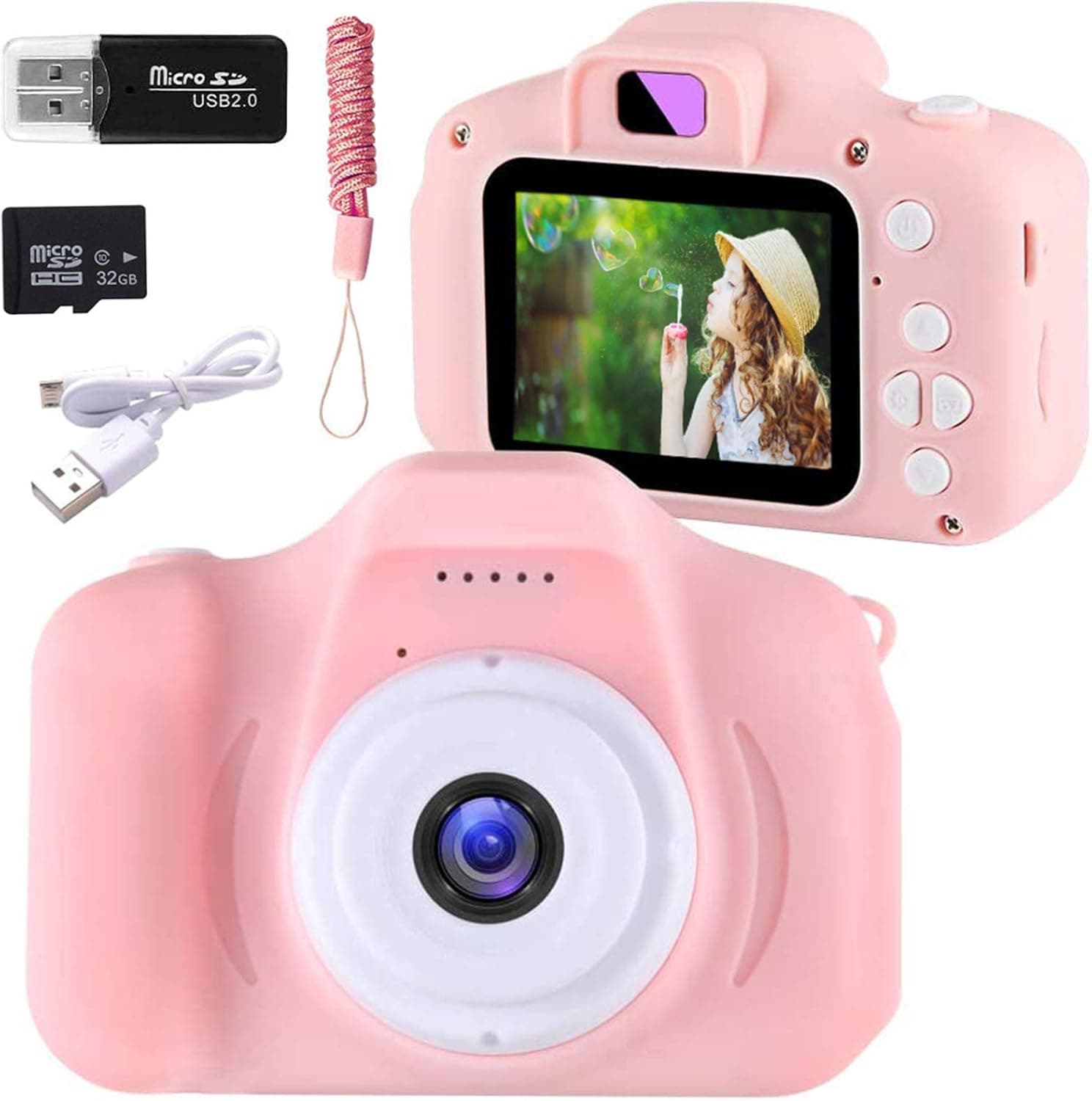 wuyule Kids Camera - Children Digital Rechargeable Cameras Toddler Educational Toys Mini HD Children Video Record Camera Classic Kids Camera with 32GB SD Card,Card Reader(Three Colors) (Pink)