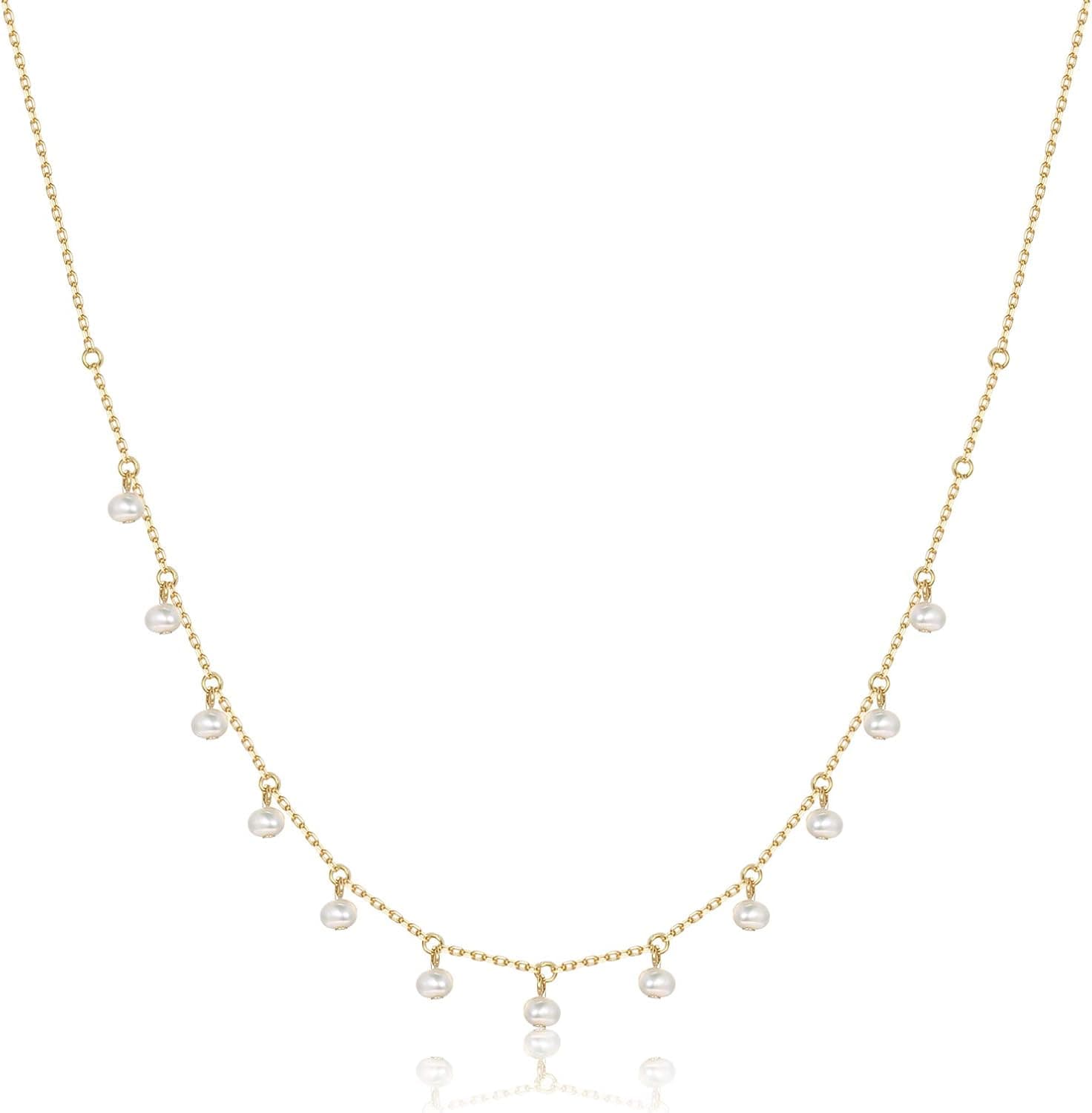 BLOSSOM & HUE Delicate Hanging Pearl Station Necklace | 18K Gold Plated 925 Sterling Silver | Dainty Vegan Pearl Drop Charm Choker Ajustable | Minimalist Layering Jewelry | Gift for Her