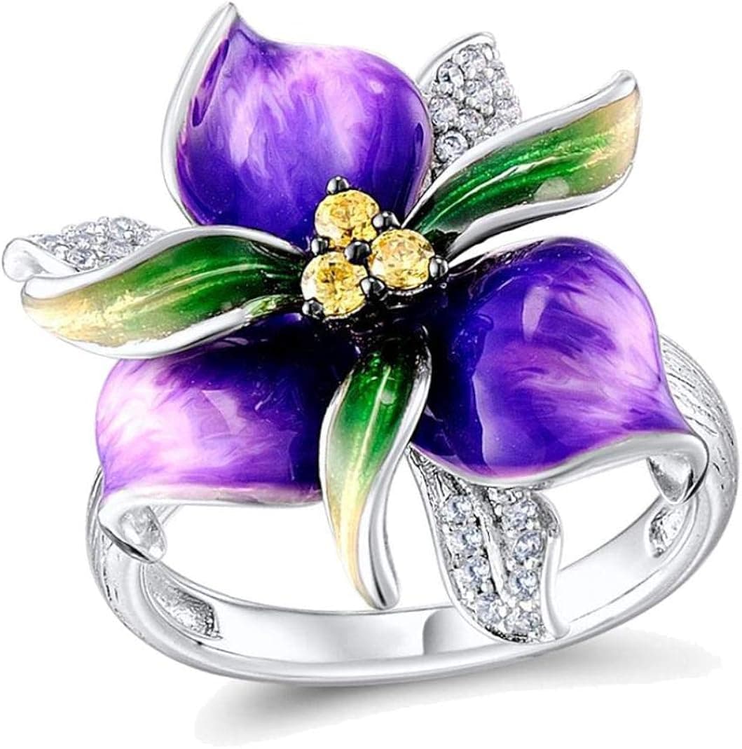 Bands Rings, Fashion Ring, Purple Flower Rhinestone Inlaid Women Finger Ring Wedding Party Jewelry Gift - Purple US 9