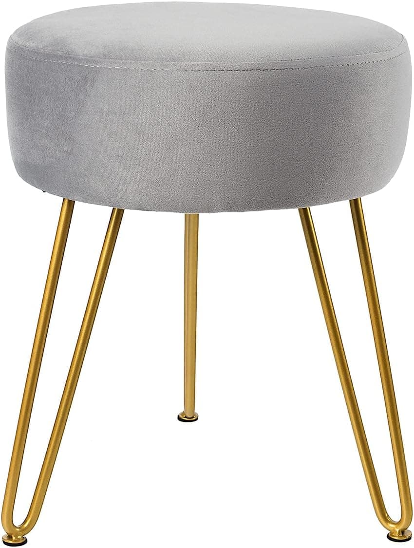 Amatic Round Velvet Vanity Stool Chair for Makeup Room Modern Upholstered Foot Stool Ottoman with Golden Metal Legs for Dorm Living Room Bedroom (Grey)