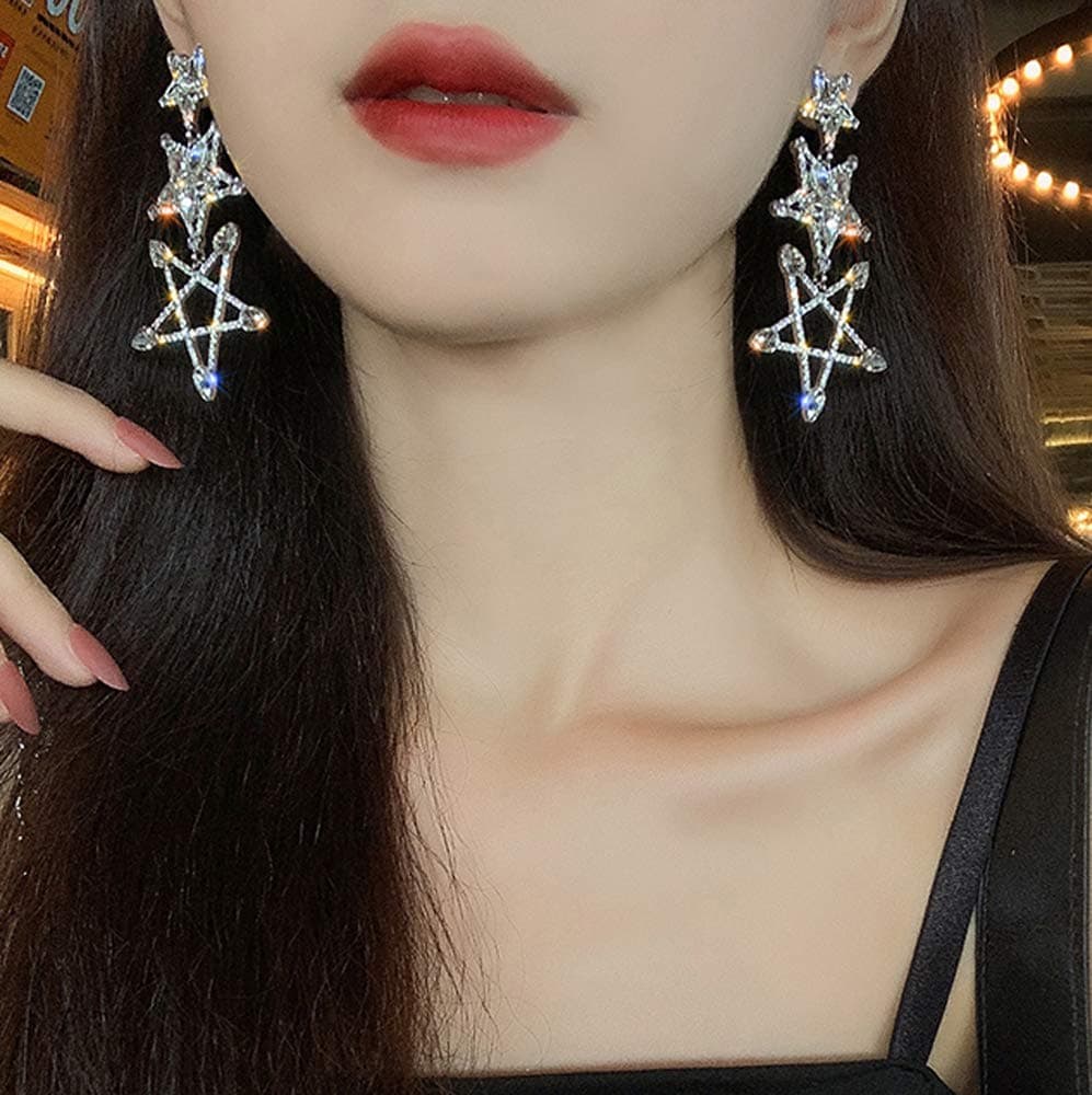 Missgrace Silver Dainty Full Rhinestones Star Earrings Set Earrings Layered Dangle Hoop Stud Jacket Statement Earrings for Women and Girls (Pattern 8)