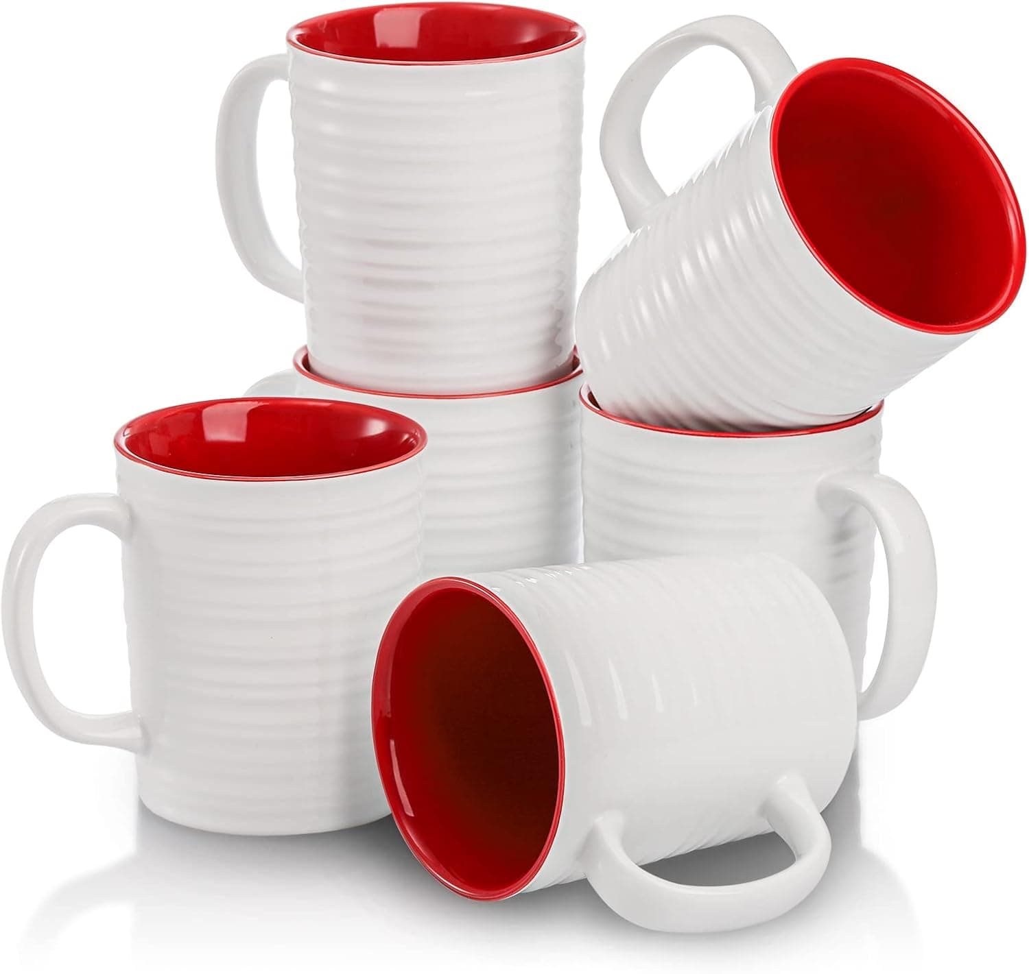 ZEAYEA Set of 6 Coffee Mug Set, 16 oz Large Coffee Cup with Handle for Coffee Cocoa Tea Milk, Ceramic Mug for Birthday, Party, Easy to Clean and Hold, White and Red