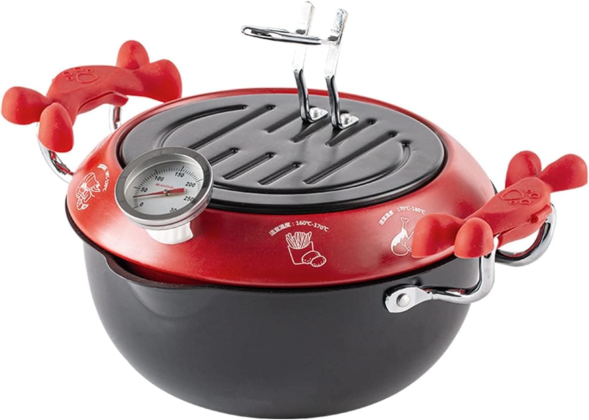Deep Fryer Pot, Japanese Style Tempura Stainless Steel Outdoor Deep Fry Pot with Thermometer Lid Household Non-stick Frying Pot for Kitchen (Red, 12.8 * 6in 3.5 Quart)