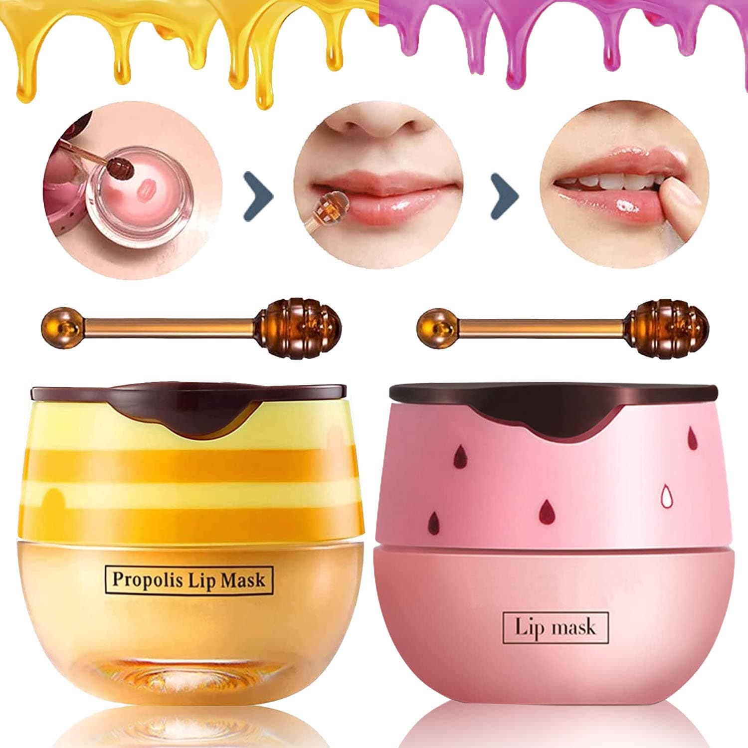 Bee Balm Lip Balm Honey Pot, 2 PCS Strawberry & Honey Lip Masks Hydrating Prevention Dry and Cracked Lip Scrubs Exfoliator,Lip Sleep Mask Reduces Lip Lines,Lip Exfoliating Bee Balm Sleeping Lip Mask,Christmas Gifts