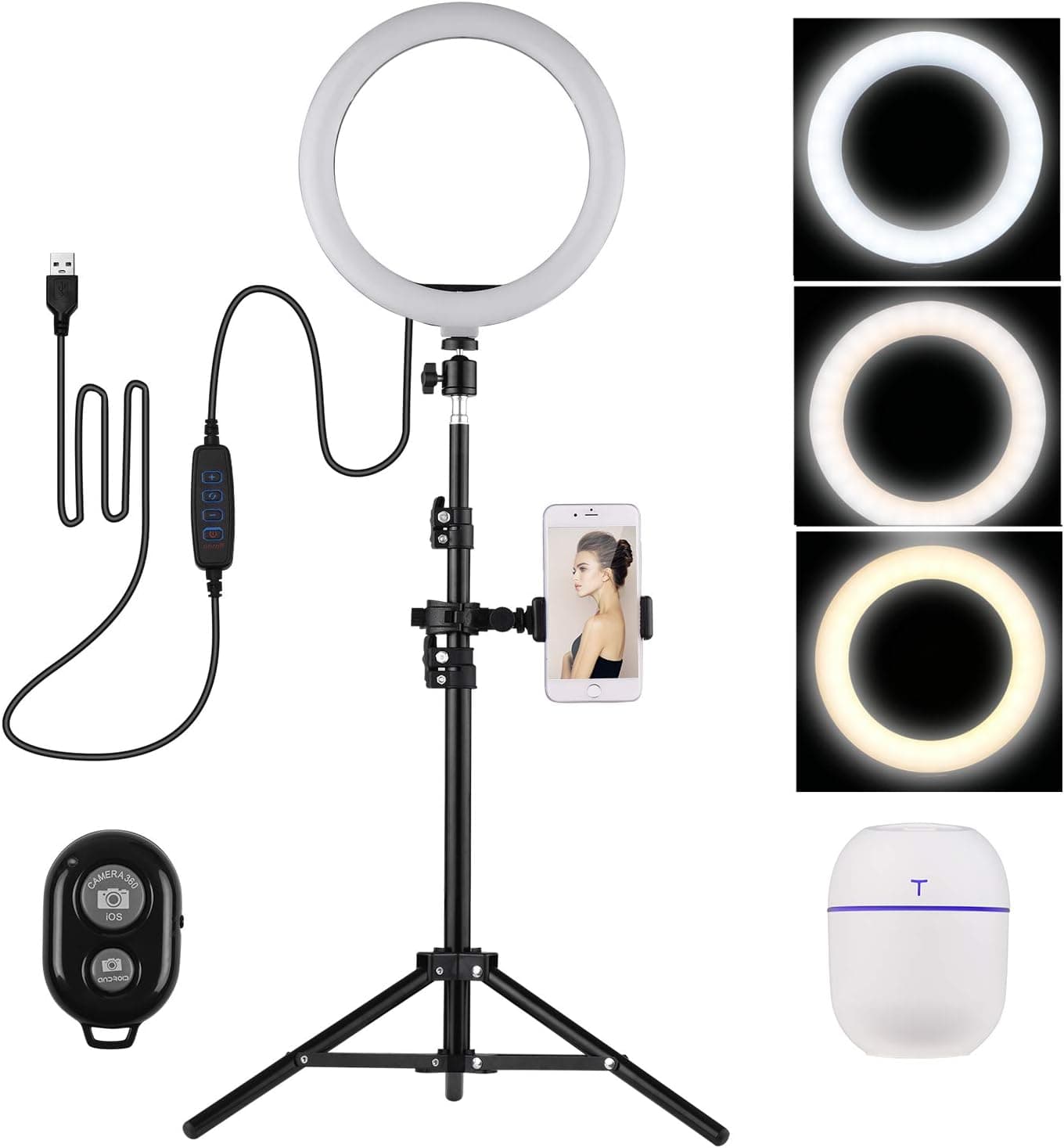 Andoer 10 Inch Selfie Ring Light Kit 3 Lighting Modes 3200-5600K Dimmable USB Powered with Phone Holder Ballhead Adapter Metal Light Stand Mini Humidifier for Makeup Video Photography Portrait