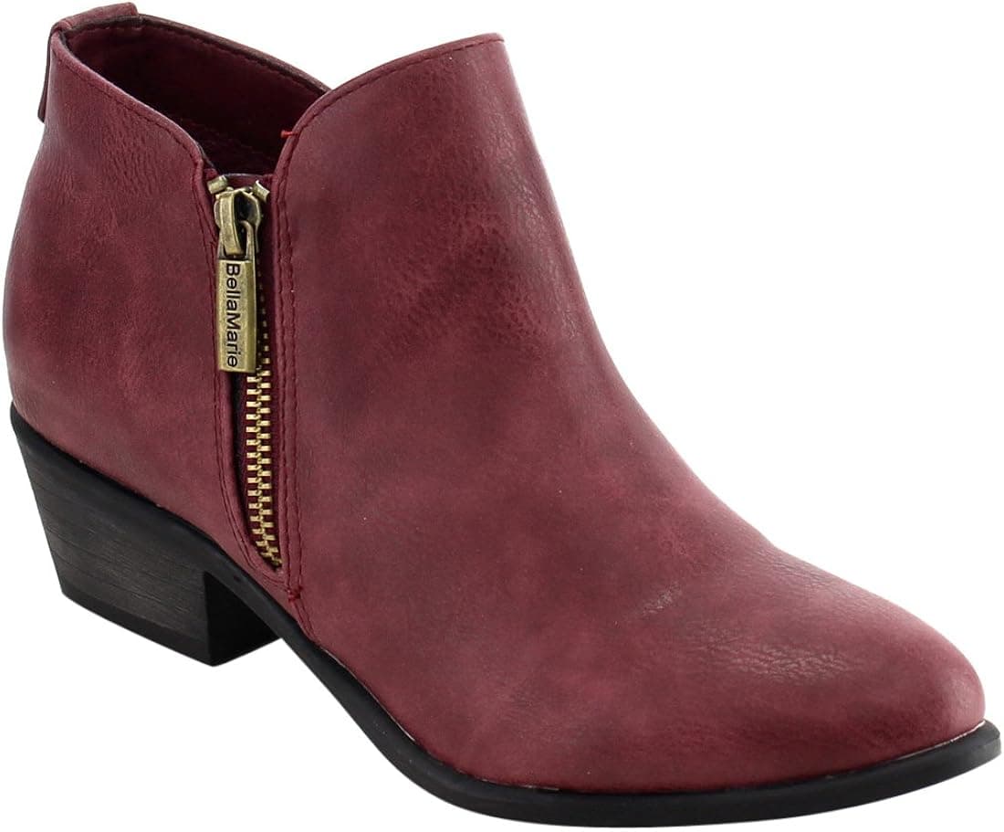 Bella Marie IC63 Women's Basic Side Zipper Chunk Heel Almond Toe Ankle Bootie, Color:Burgundy, Size:10