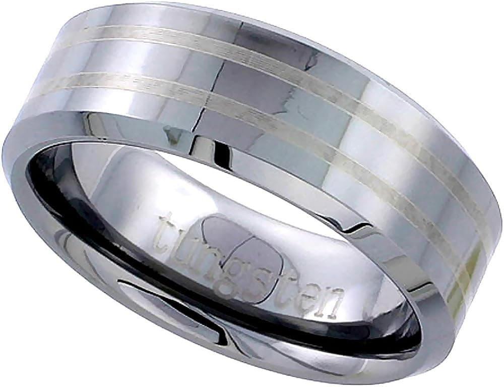 Sabrina Silver Tungsten Carbide 8 mm Flat Wedding Band Ring 2 Etched Stripes Beveled Edges, Sizes 5 to 14