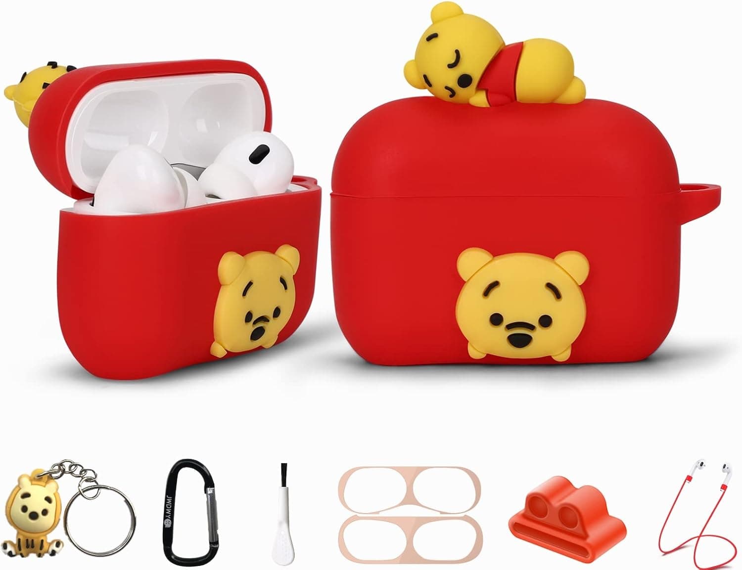 Winnie The Pooh Cartoon Silicone Case Skin for Apple Airpods Pro, 8 in 1 Silicone Accessories, Silicone Case/Keychain/Carabiner/Metal dust Sticker/Cleaning Brush/Anti-Lost Rope,The Best Gift…