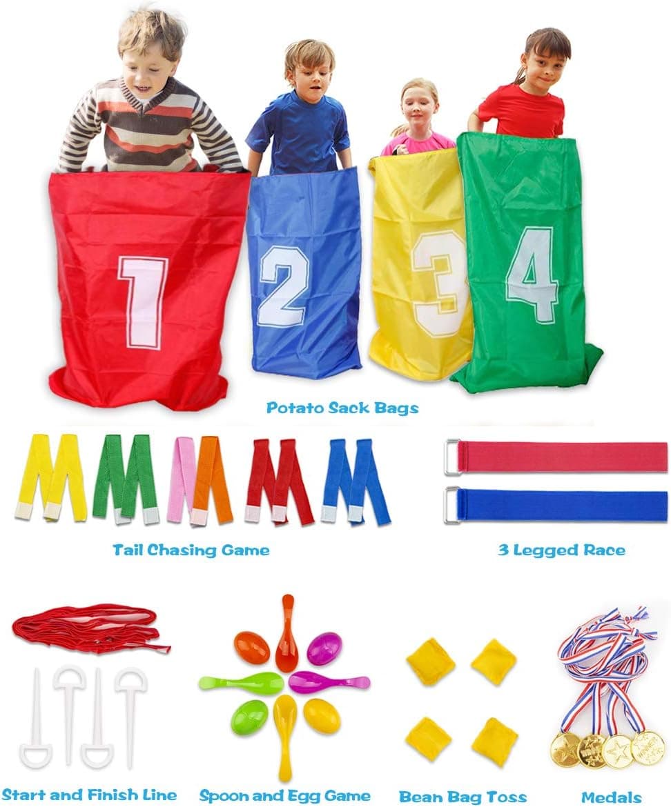 Potato Sack Race Bag Set, Children’s Birthday Party Outdoor Game Set, Fun Backyard Activities for Kids - Three-Legged Race Bands, Egg Spoon Race Game, Bean Bag Toss for Field Day Family Group Gatherin