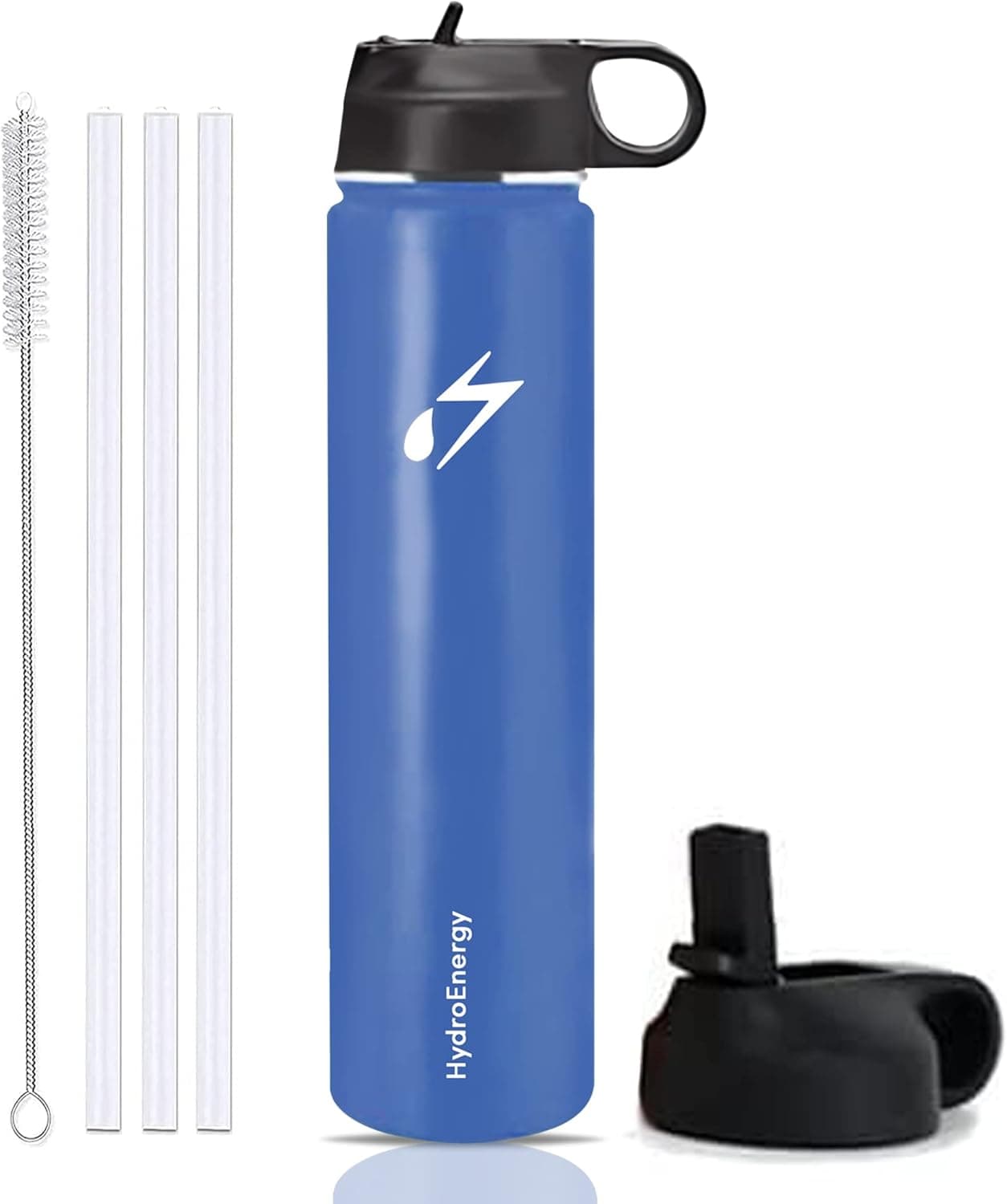 Hydro Energy 24 oz Stainless Steel Water Bottles - Wide Mouth Vacuum Insulated Water Bottle with 2 Lids, 3 Straws and 1 Brush - Leak Proof Sport Metal Canteen Water Bottle for Hiking & Camping