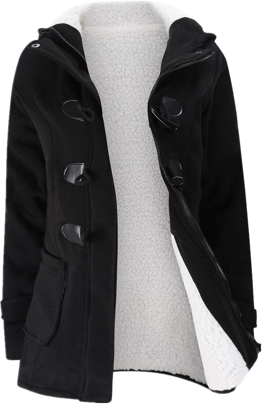 JiangWu Womens Fashion Horn Button Fleece Thicken Coat with Hood Winter Warm Jacket