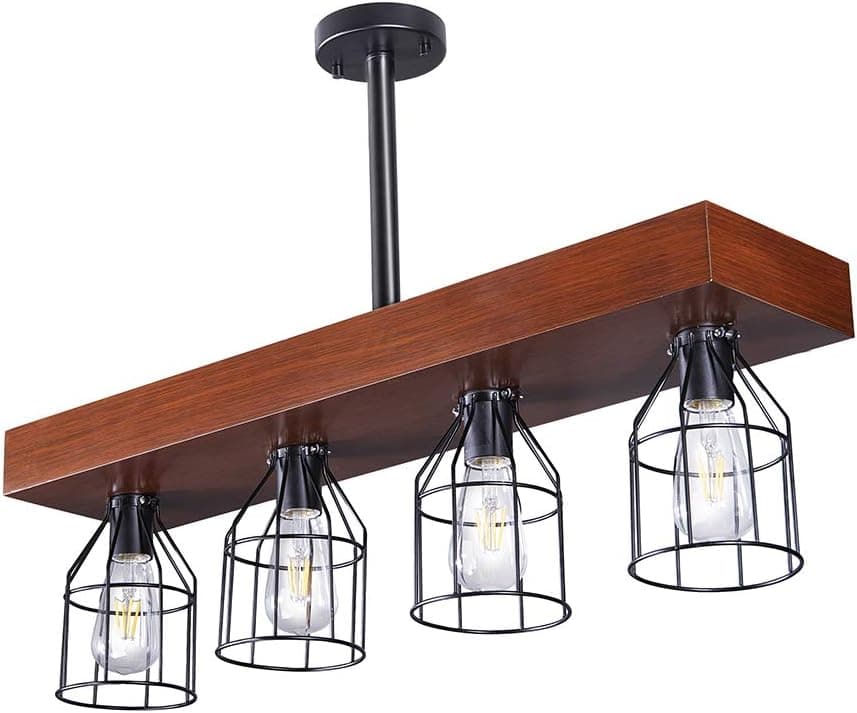 Wellmet 4 Lights Farmhouse Wood Chandelier with Metal Cages for Dining Room Lighting Fixtures Hanging, Rustic Pendant Lighting for Kitchen Island Lighting, Wood Beam Light for Living Room, Bedroom