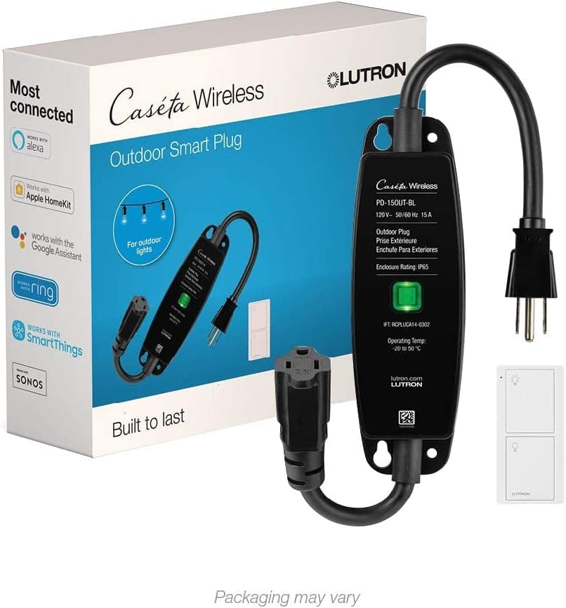Lutron Caseta Outdoor Smart Plug and Pico Remote | Compatible with Alexa, Google Assistant, Apple HomeKit | for Landscape and String Lighting | P-PKG1OUT-BL | Black