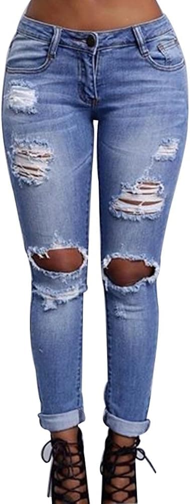 Allegrace Womens Denim Stretch Jeans Destroy Skinny Ripped Distressed Pencil Pants L Blue
