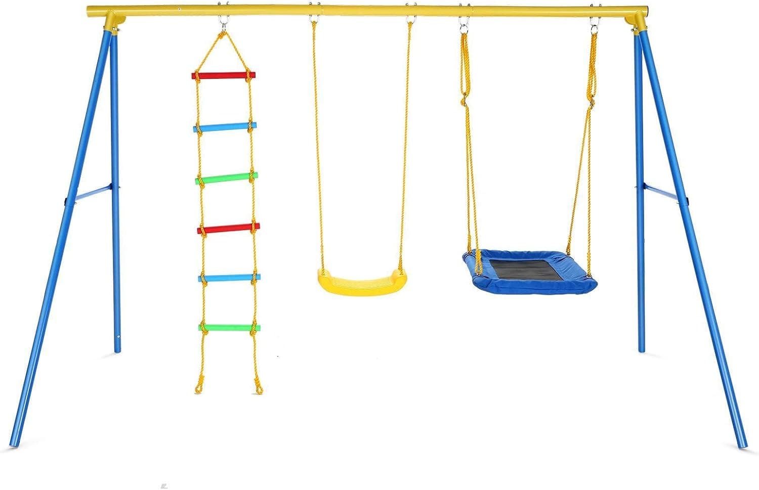 440lbs Swing Sets for Backyard with Heavy Duty Swing Frame, 4 in 1 Swing Sets with 1 Swing Seat, 1 Nest Swing Seat, 1 Climb Ladder, 1 Rope Ladder for Indoor Outdoor Kids