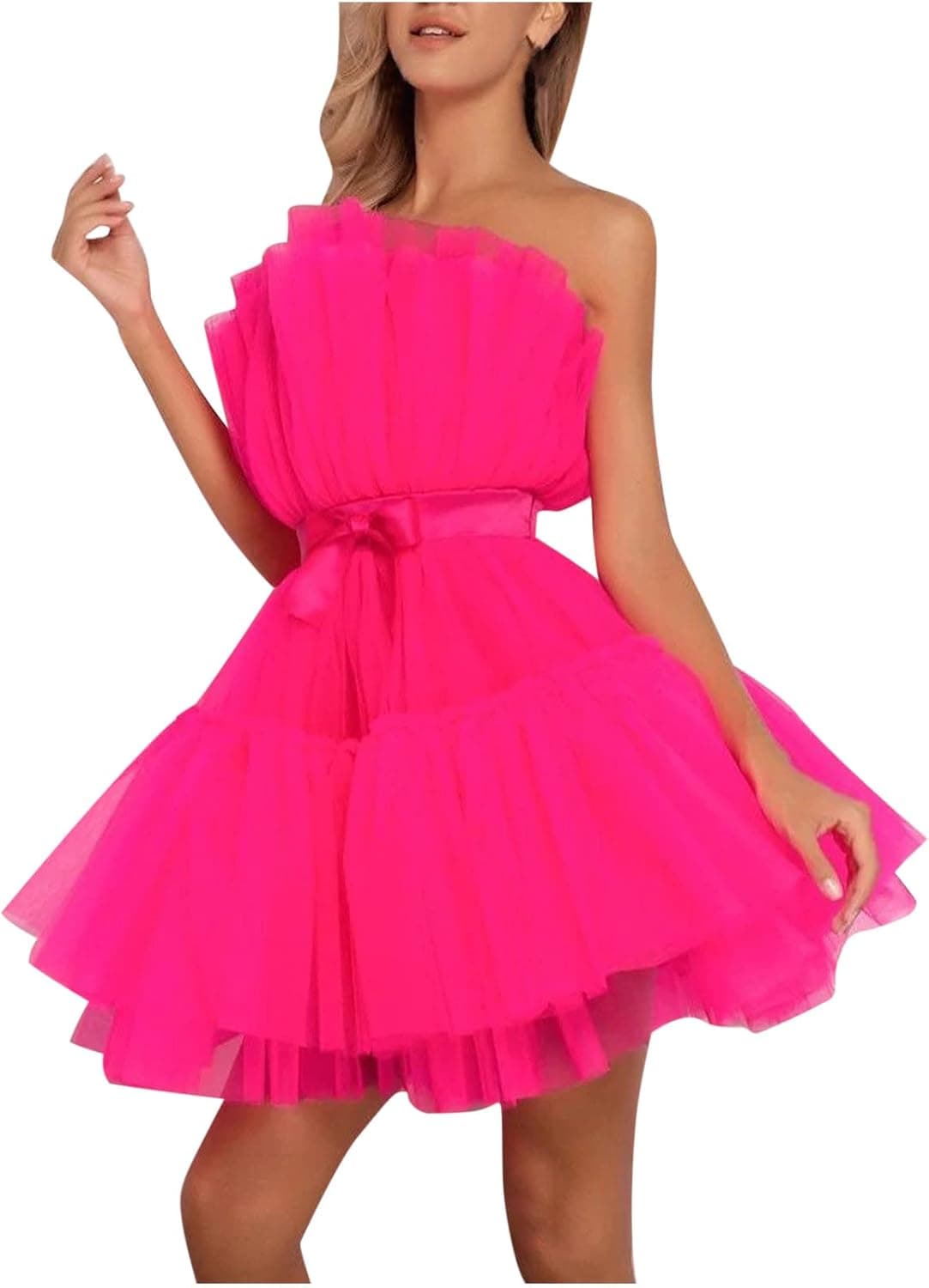 Women Tulle Tutu Ruffles Prom Dress Strapless Mini Homecoming Dress Cocktail Party Gown Princess Dresses with Bow