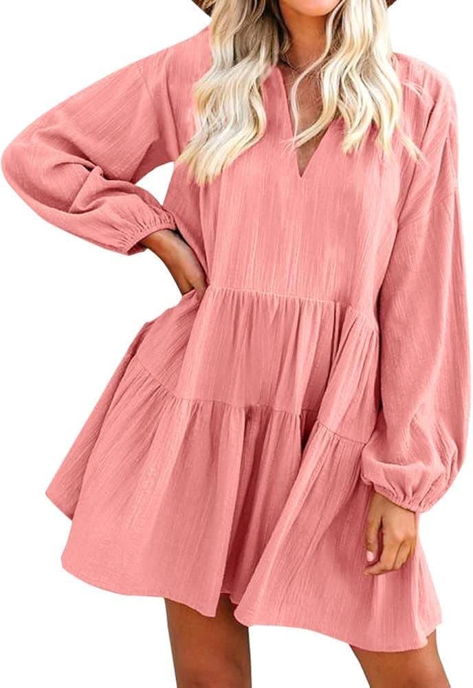 FANCYINN Women’s Cute Shift Dress with Pockets Bell Sleeve Ruffle Hem V Neck Loose Swing Tunic Mini Dress