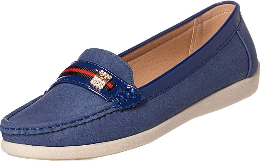 GUCHENG Women's Penny Loafers Boat Slip On Flats Black Shoes (US 8 (M),Navy)