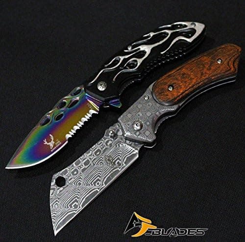 2PCS Damascus Etched Cleaver Razor & TITANIUM COATED BLADE Spring Assisted P/Knives [205DS-7524]