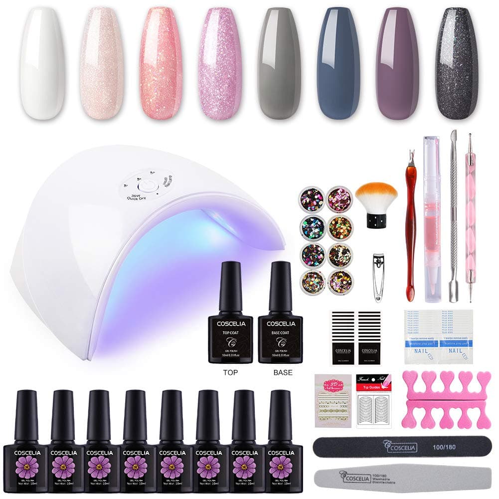 COSCELIA Gel Nail Polish Kit with Lamp 36W LED Light 8 Colors Soak Off u v Gel Nail Polish Set Top and Base Coat Professional Manicure Tool Set Starter Kit Xmas Gift for Women Mom Girls