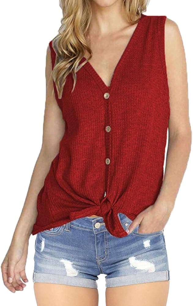 INWECH Women's Casual Sleeveless Button Down Tie Tunic Henley Tank Top Summer Waffle Knit Shirts Tee Blouse (Medium, Brick Red 2)